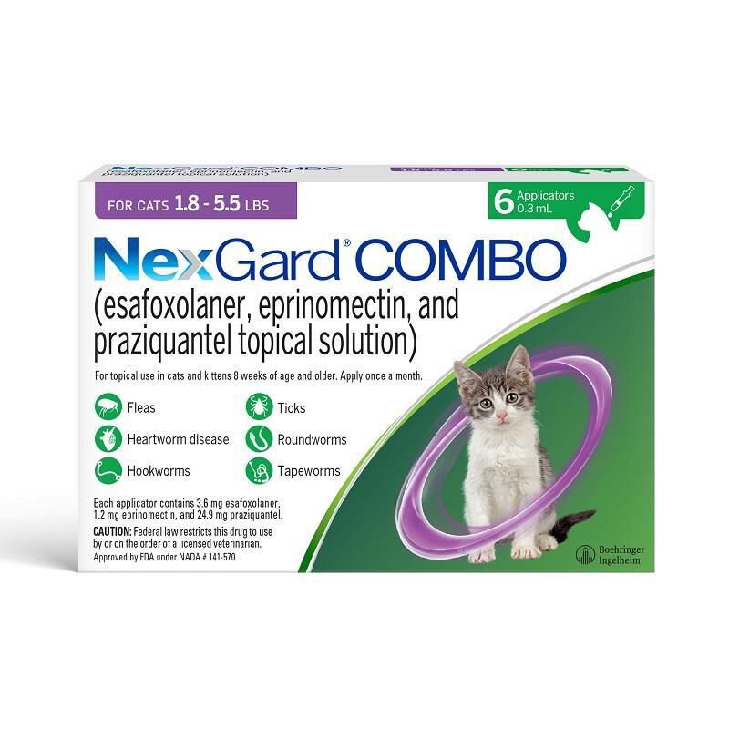 NexGard COMBO Flea, Tick & Heartworm Protection for Cats 1.8 lbs - 5.5 lbs Purple, 6 Month Supply