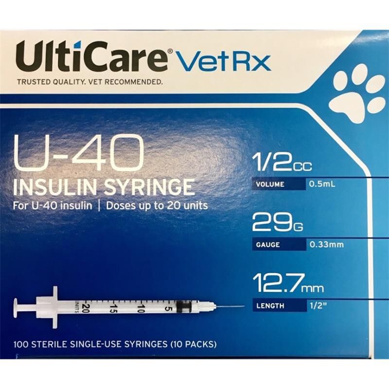 UltiCare VetRx U-40 Insulin Syringes, 0.5cc - 29G x 12.7mm (0.5"), 100ct Box