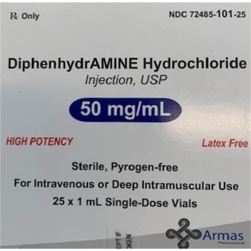Diphenhydramine Hydrochloride Injection, USP 50 mg/ml, 1 ml vial (Box of 25)