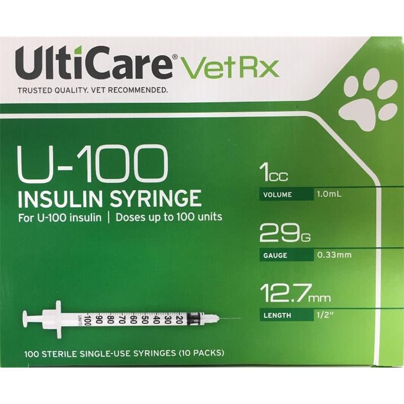 UltiCare VetRx U-100 Insulin Syringes 29g, Box of 100 Needle 1/2 inch