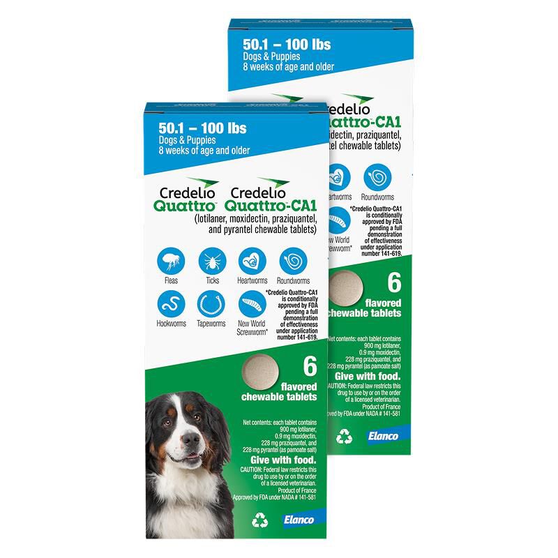 Credelio Quattro / Credelio Quattro-CA1 Flavored Chewable Tablet for Dogs & Puppies 50.1 - 100 lbs Blue 12 Month Supply
